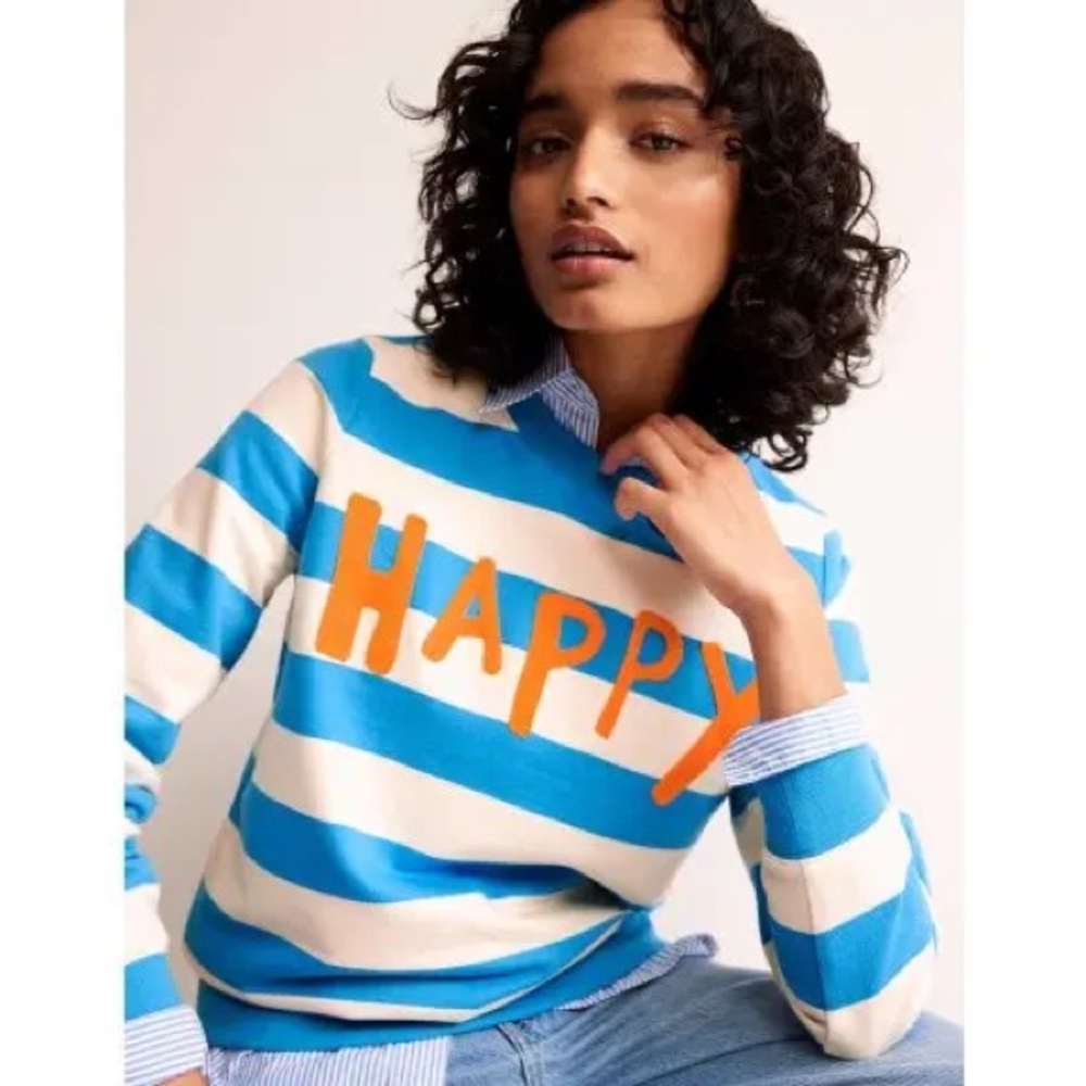 BODEN Happy Chain Stitched Embroidered Sweatshirt Blue White Stripe Womens Small - Picture 2 of 7